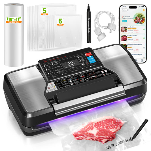 95Kpa Vacuum Sealer Machine for Food, 10-in-1 Food Saver Vacuum Sealer with Double Heat Seal, Built-in Cutter,Accessory Hose, Bag Storage, Easy-Lock Handle, App Control, 10 Bags, 1 Bag Roll & Marker for Free