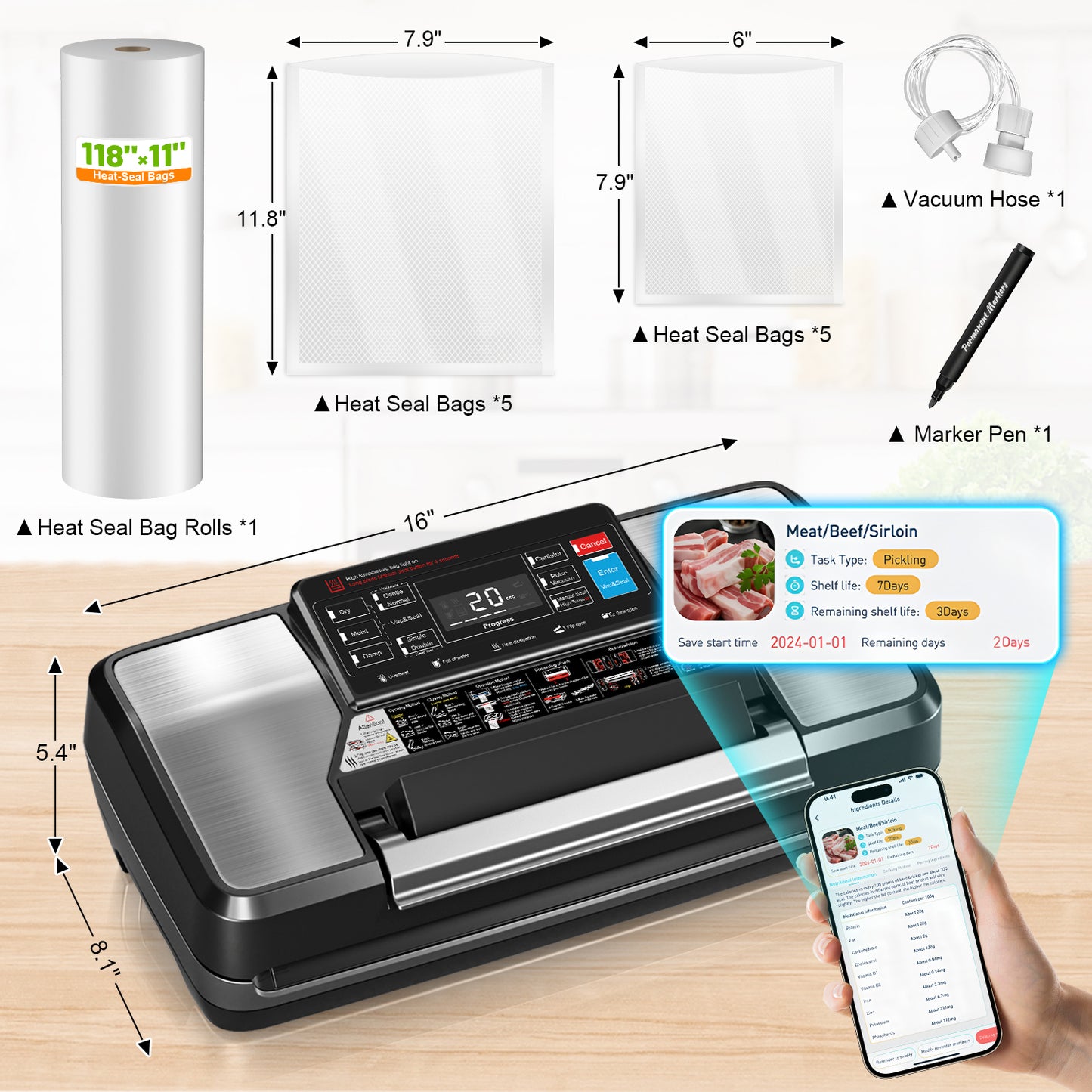 95Kpa Vacuum Sealer Machine for Food, 10-in-1 Food Saver Vacuum Sealer with Double Heat Seal, Built-in Cutter,Accessory Hose, Bag Storage, Easy-Lock Handle, App Control, 10 Bags, 1 Bag Roll & Marker for Free