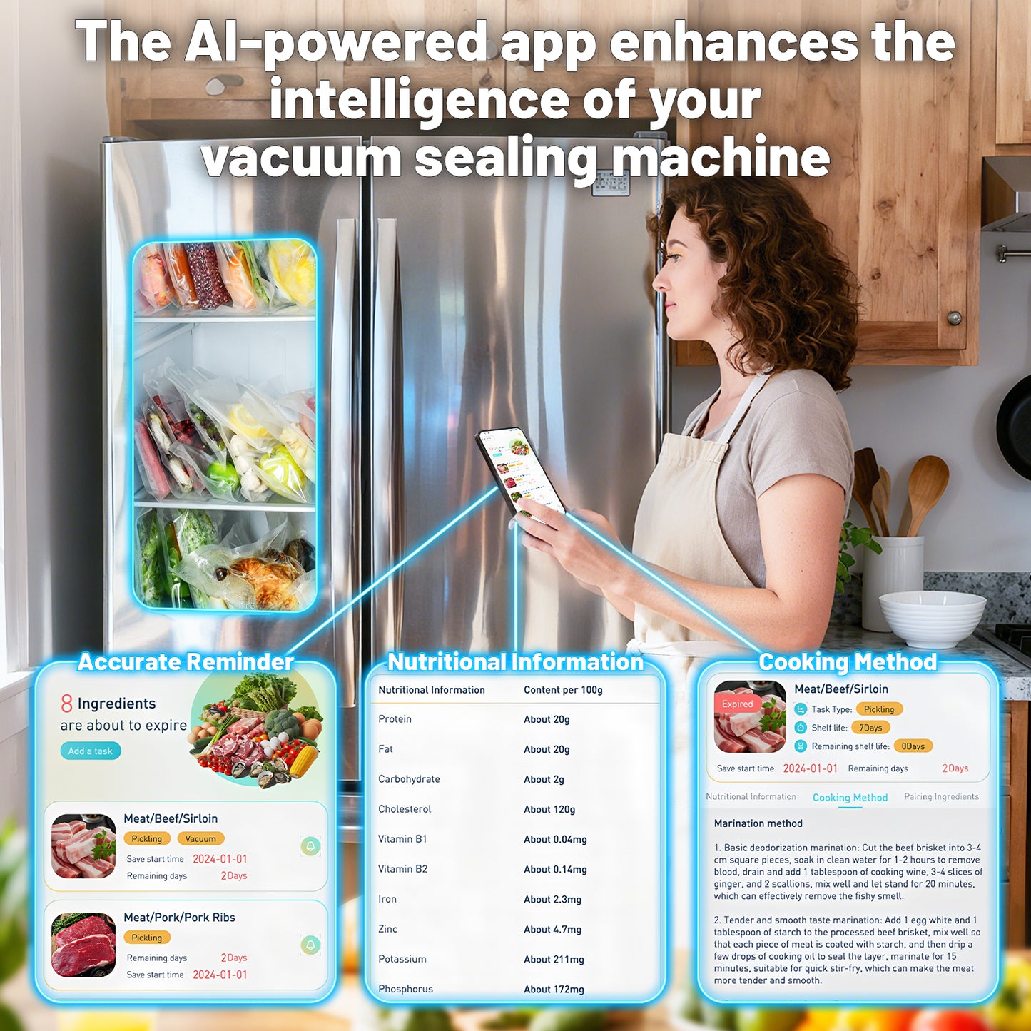 95Kpa Vacuum Sealer Machine for Food, 10-in-1 Food Saver Vacuum Sealer with Double Heat Seal, Built-in Cutter,Accessory Hose, Bag Storage, Easy-Lock Handle, App Control, 10 Bags, 1 Bag Roll & Marker for Free