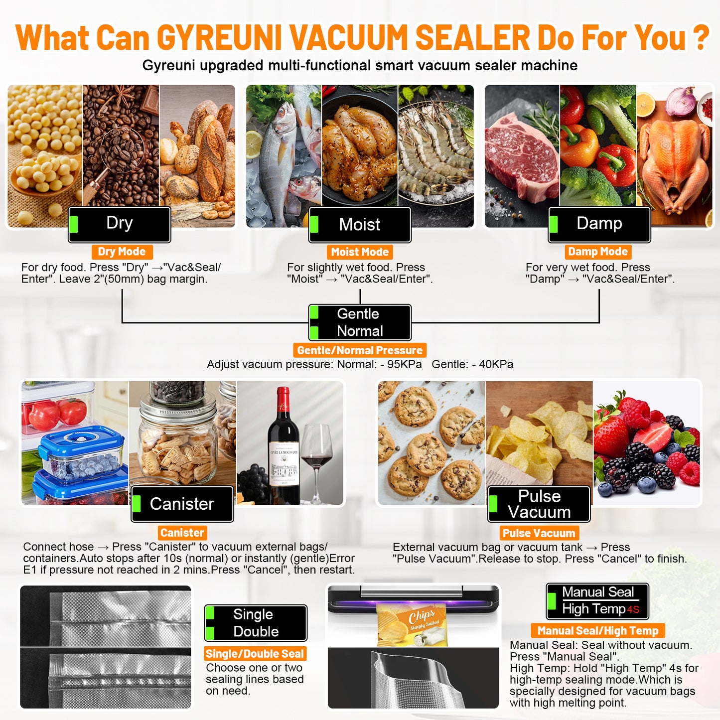 95Kpa Vacuum Sealer Machine for Food, 10-in-1 Food Saver Vacuum Sealer with Double Heat Seal, Built-in Cutter,Accessory Hose, Bag Storage, Easy-Lock Handle, App Control, 10 Bags, 1 Bag Roll & Marker for Free